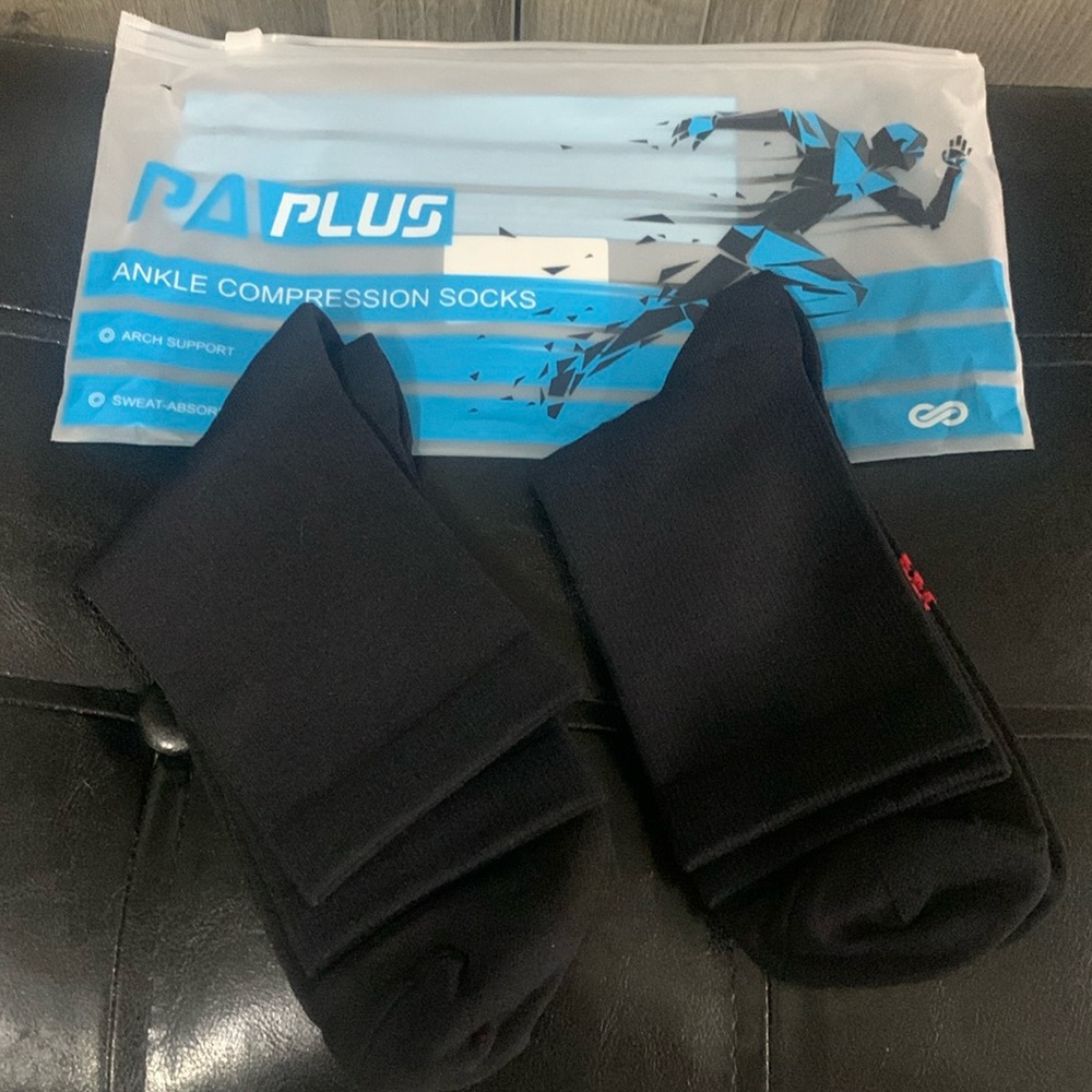 New PA Plus Black Ankle Compression Socks 2 Pairs Large-XL In Package